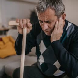 Man sitting on the couch with a cane holding his ear